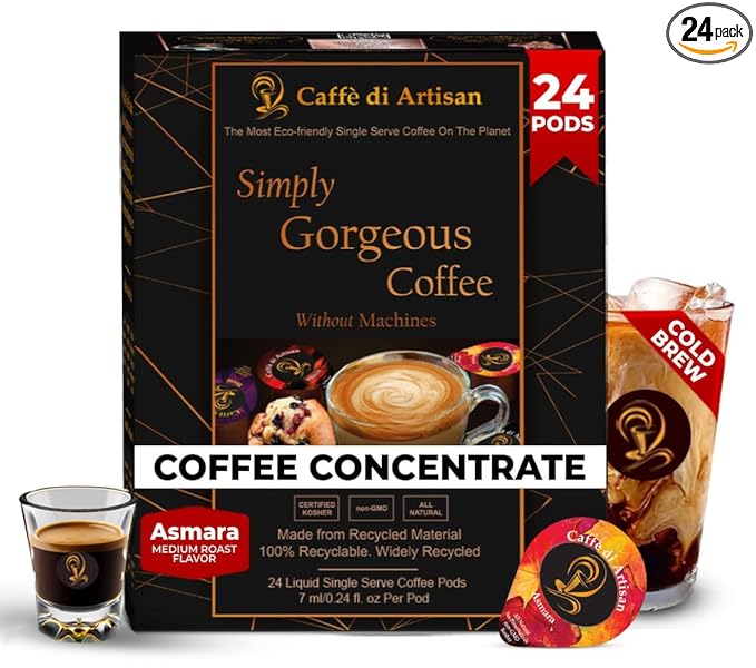 Caffè di Artisan Liquid Coffee Pods – Premium Single-Serve Coffee for Cold Brew concentrate, Iced Coffee & Hot Coffees – Machine-Free, Eco-Friendly, Ready in Seconds. Rich; Asmara; Arabica; Medium Roast – 24 Count.