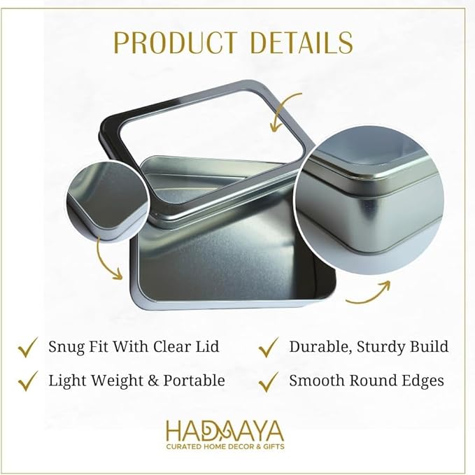 Pack of 12 Silver Rectangular Tin Container With Clear Lid, Multipurpose Tin Box, Festive Tin Box for Gift Giving, Cookies, Stationery & More - 7.25 x 5.25 x 2.25 Inches