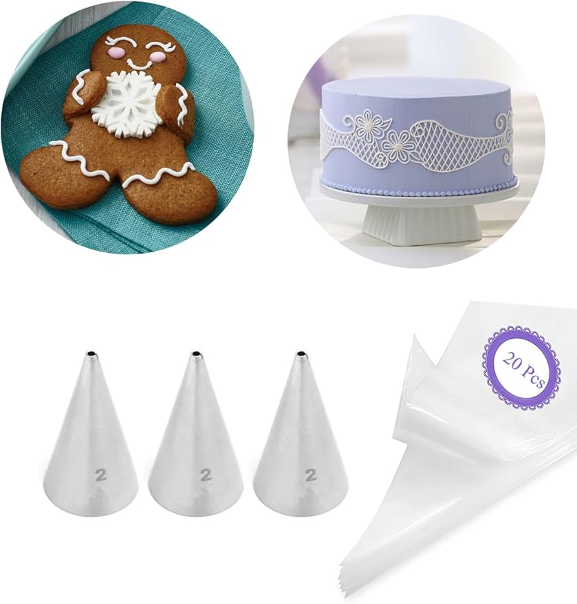 #2 Piping Tip and Bag Set – 3 Fine Round Tips & 20 Disposable 8-Inch Pastry Bags for Lettering, Outlines & Detail Work