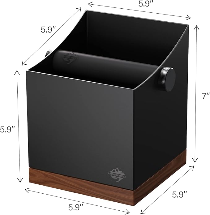 CrossCreek Coffee Knock Box | 2.5L Large Espresso Grounds Container | Metal & Walnut Wood | Removable Silicone Knock Bar & Non-Slip Base | Espresso Accessories for Coffee Bar | Black