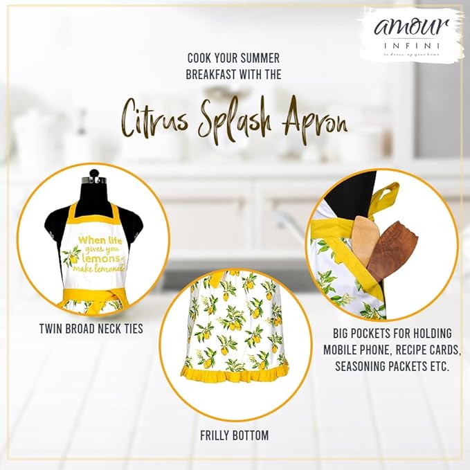 AMOUR INFINI Kitchen Apron for Women with Pockets Cotton Printed Aprons for Baking, Gardening, Painting Reusable and Washable (27.5 x 33 Inches - Citrus Splash)