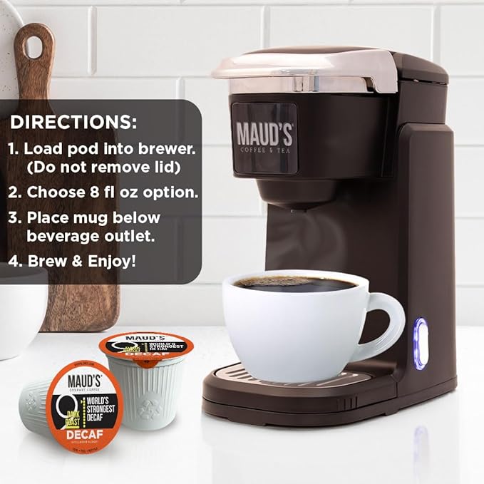 Maud's World's Strongest Decaf Coffee Pods, 200 ct, Decaffeinated Dark Roast Coffee in Recyclable Single Serve Pods – 100% Arabica Coffee, Compatible with Keurig K Cups Maker