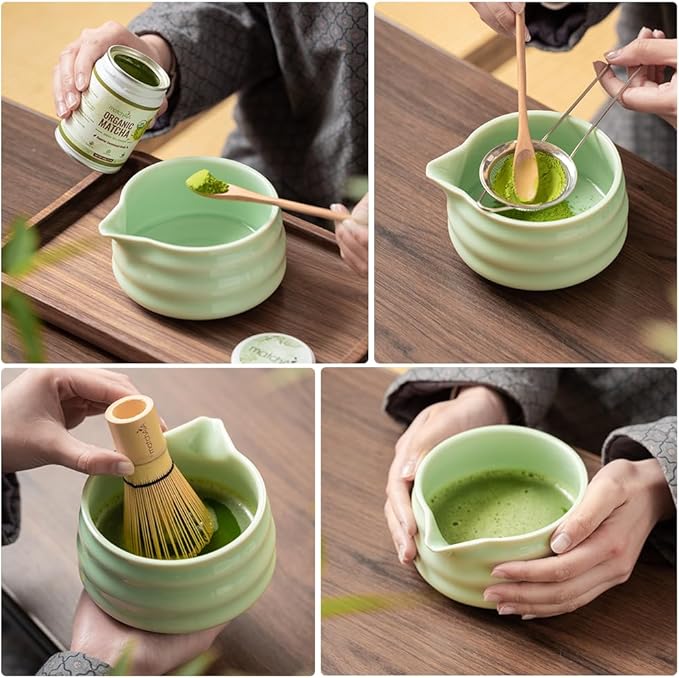 7 Pcs Matcha Set - Ceramic Bowl, Bamboo Whisk with Holder, Sifter, Schima Spoon, Spoon Rest and Tea Towel, Complete Kit for Traditional Matcha and Modern Lattes (Green)