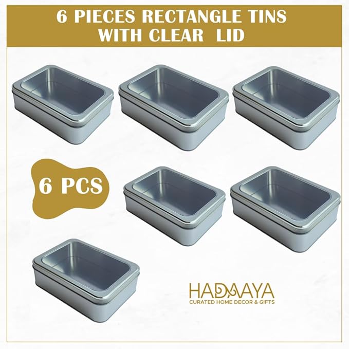Pack of 6 Silver Rectangular Tin Container With Clear Lid, Multipurpose Tin Box, Festive Tin Box for Gift Giving, Cookies, Stationery & More - 7.25 x 5.25 x 2.25 Inches