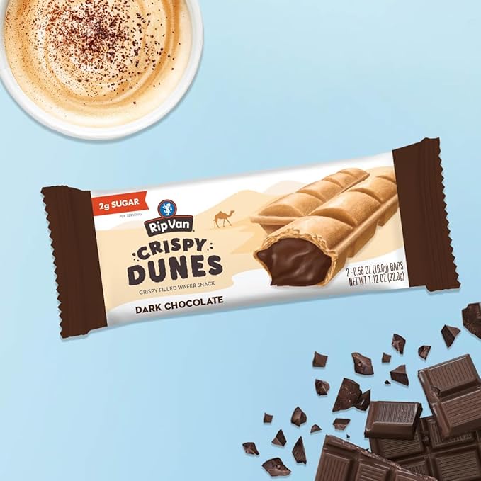Crispy Dunes Vegan Dark Chocolate Wafer Sticks – Low-Calorie Snack with Dark Chocolate Cream Filling, 90 Calories, Non-GMO, Prebiotic Fiber - 12 Pack