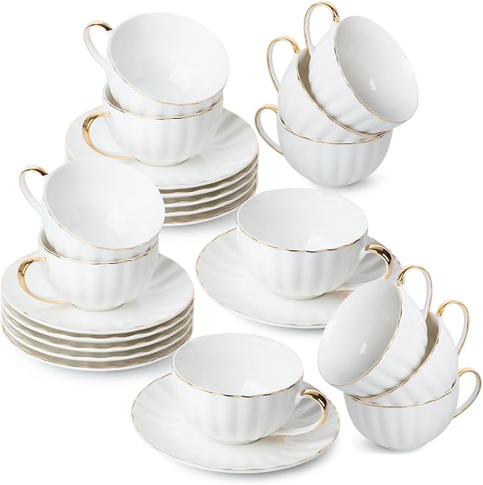 BTaT- White Tea Cups and Saucers Set of 12 (7 oz), Porcelain White Tea Cup Set of 12 with Golden Trim Design, Dishwasher Safe