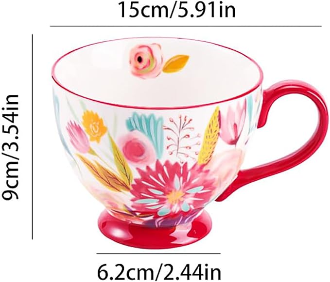 Vintage Flower Mugs – Large Ceramic Coffee Mug (15oz) – Cute Cereal Cup for Breakfast, Oatmeal Tea & Hot Drinks – Handmade Ceramic Cup with Floral Design