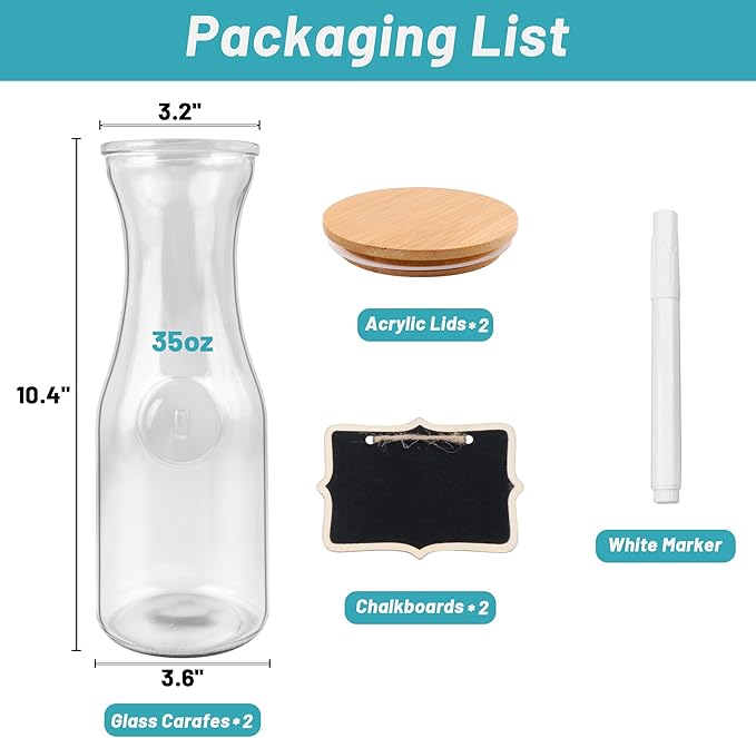 Glass Carafe with Bamboo Lid,35 Oz Beverage Dispensers Carafe,Mimosa Bar Supplies,Juice Bottles, Clear Glass Pitcher with Name Labels for Iced Tea,Coffee,Juice(Pack of 2)