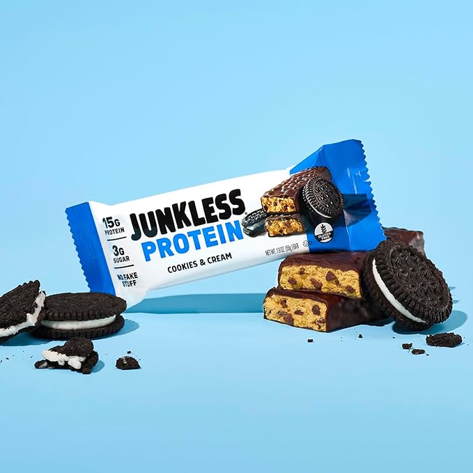 JUNKLESS Protein Bars - Cookies & Cream - 15g Protein, No Added Sugar, Gluten Free, High Fiber, Delicious Taste and Texture, Satisfying, Healthy Snack for Energy - 12 Bars