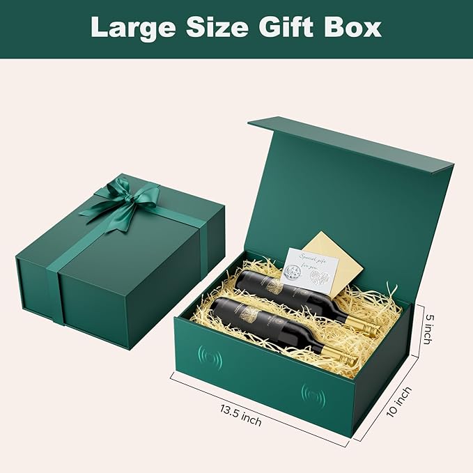 HongCai printing Large Gift Box with Lids Green: 2 Pack 13.5×10×5 Inches Packaging with Magnetic Lid - Holds Christmas Birthdays Holiday Gifts - Ideal for Couples Friends Family