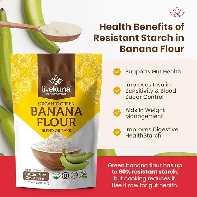 LiveKuna Organic Banana Flour - Gluten Free All Purpose Flour Alternative For Baking & Cooking Recipes - Grain Free Vegan Banana Flour, Rich In Fiber & Vitamins for Keto & Paleo Diets, 32oz Bag