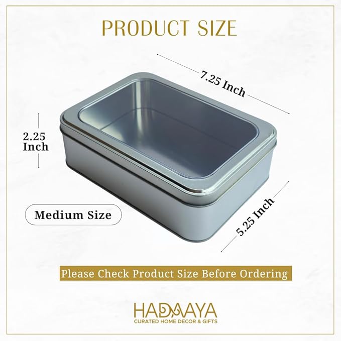 Silver Rectangular Tin Container With Clear Lid, Single Piece Multipurpose Tin, Festive Tin Box for Gift Giving, Cookies, Stationery & More - 7.25 x 5.25 x 2.25 Inches