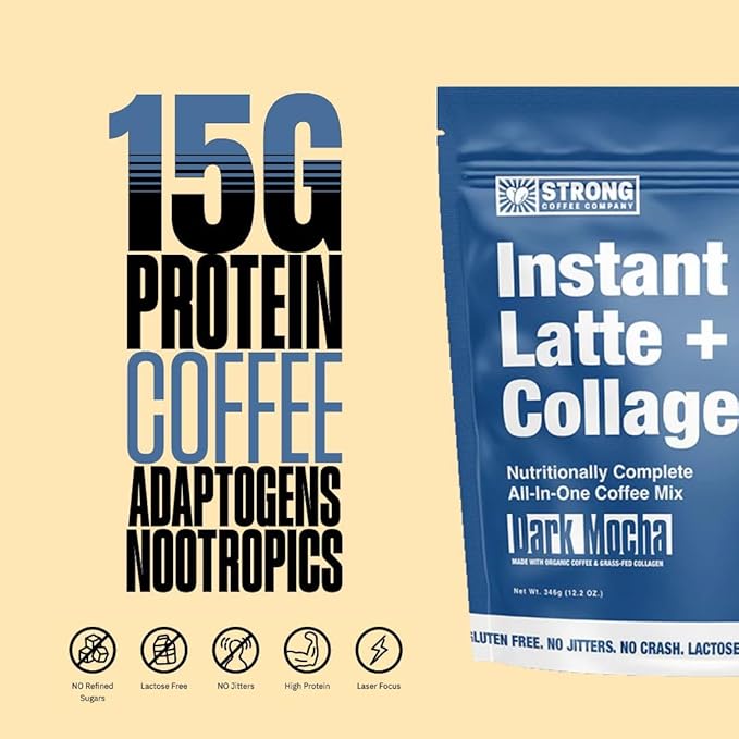 STRONG COFFEE COMPANY Instant Cacao Latte - 15g Protein, Instant Protein Coffee with Collagen, Adaptogens & Nootropics, No Crash, No Jitters, 12 Servings Bag