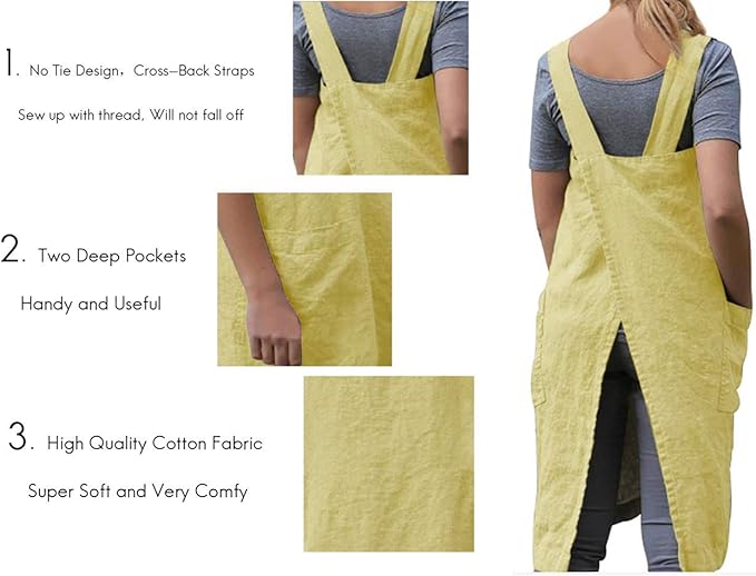 Women's Pinafore Square Apron Baking Cooking Gardening Works Cross Back Cotton/Linen Blend Dress with 2 Pockets