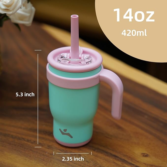 14 oz Tumbler with Side Handle, Insulated Water Bottle with Straw and 2 in 1 Lid, Stainless Steel Cup Travel Coffee Mug for Sports Office Gym,Sky Blue