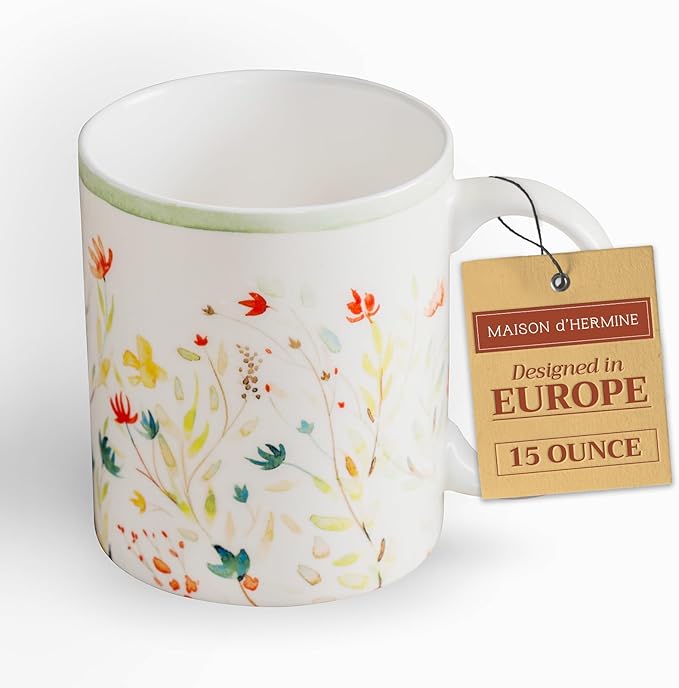 Maison d' Hermine Coffee Mug with Handles Fine Bone China Mugs Pack of One Tea Cups for Hot Beverages Cappuccino Latte Home Restaurant Office Perfect for Gift (Colmar - Green, 15 Ounce)