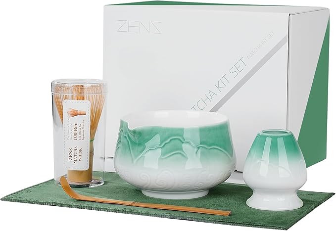 ZENS Matcha Whisk Set, Ceramic Matcha Set Includes Matcha Bowl, Matcha Whisk and Holder, Bamboo Scoop & Tea Towel - 5Pcs Matcha Kit for Matcha Ceremony, Blue