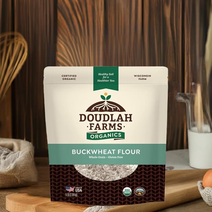 Organic Buckwheat Flour 5 lb - Non-GMO, USDA Organic, Gluten Free, Vegan - For Baking Bread, Pancakes, and More! Grown In USA, Farmed From Regenerative Soil by Doudlah Farms