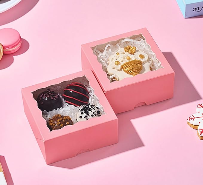 90 Pack 4x4x2 Inches Pink Bakery Boxes (Clear Window) – Ideal for Packaging Macaron, Ores, Chocolate Truffle, Strawberry, Cookie, Donut, Pie – Party, Wedding, Holiday Favors