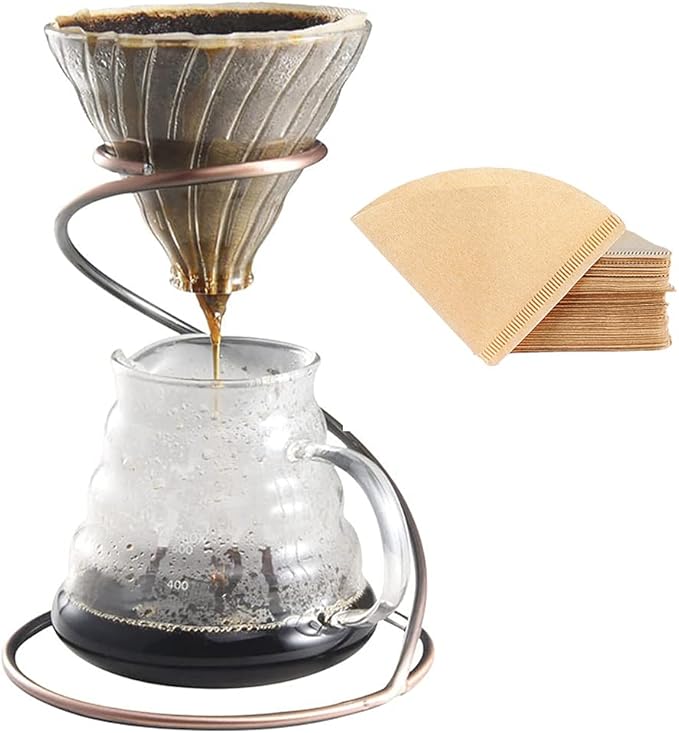 Pour Over Coffee Maker Set - Glass Dripper, Metal Stand, 600ml Heat-Resistant Server, 40 Filters - 4 in 1 for Home or Office (Bronze)