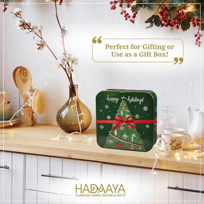 Metal Christmas Cookie Tins with Lids, 6 Pack Green Square Holiday Storage Containers, Durable & Stylish Storage Solution For Gift Giving, Cake, Candy & More