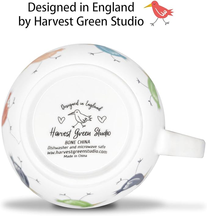 Birds Mugs for Daily Coffee and Tea, Premium 20 oz Bone China Coffee Tea Hug Mug, Perfect Holiday and Birthday Gift for Bird Lovers, Designed in England by Harvest Green Studio