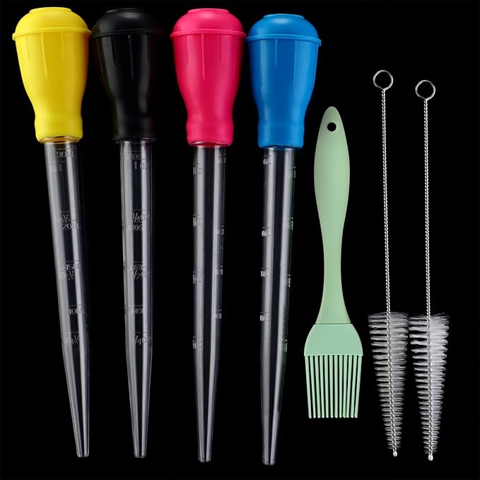 Nylon Heat-resistant Turkey Baster Cooking Set Includes Meat Baster, 1 Silicone Basting Brush and 2 Cleaning Brush for BBQ Grill Baking Kitchen Cooking (7 Pieces, Multicolor)