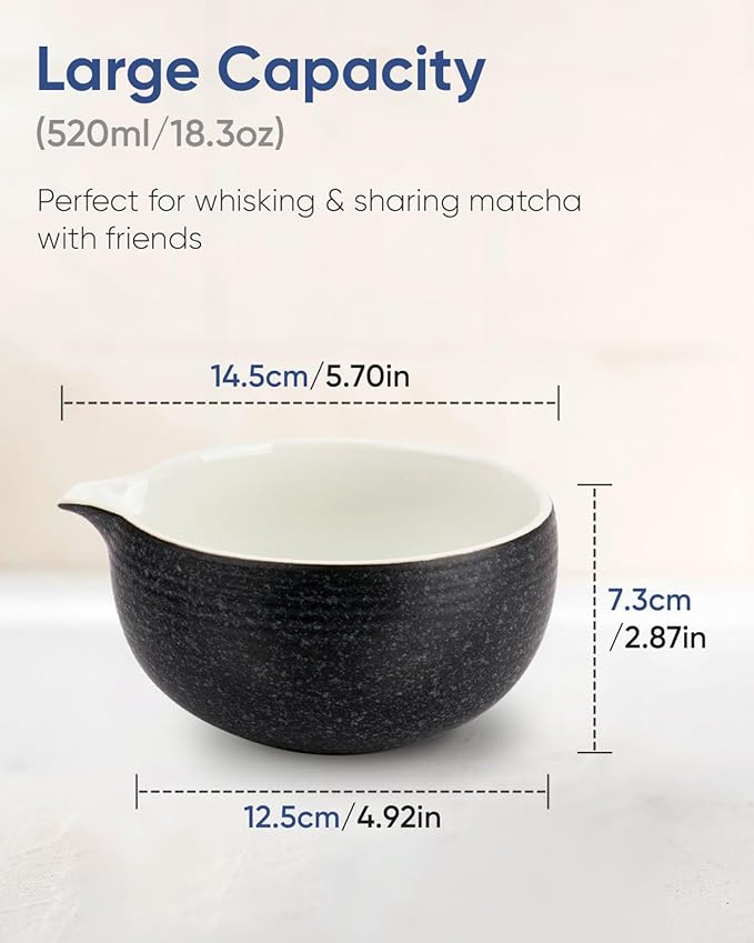 Matcha Bowl with Spout, Ceramic Matcha Bowl and Whisk Holder Set, Matcha Mixing Bowl for Whisking Matcha, Charcoal Grey (18 Ounce)