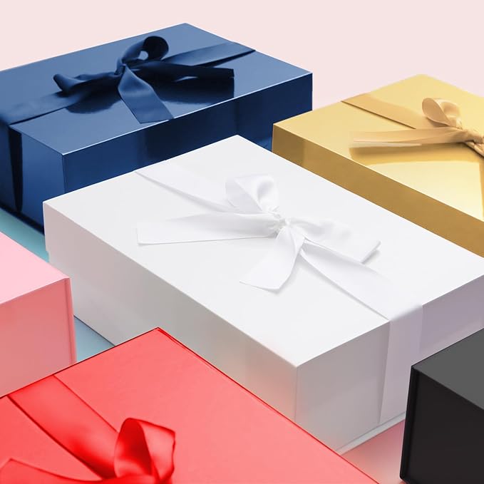 HAPPY POTATO Large White Gift Box with Ribbon 11.5x8.1x3.8 Inches, Bridesmaid Proposal Magnetic Gift Box with Lid for Presents (Glossy White)