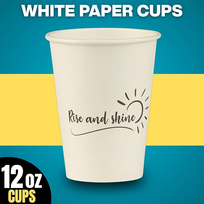 Smygoods Disposable Coffee Cups, To Go Paper Hot Cups, Rise and Shine Design (12 OZ, 100 Count) For Hot Beverages, Coffee, Tea, Espresso, Cocoa - Vasos Para Cafe