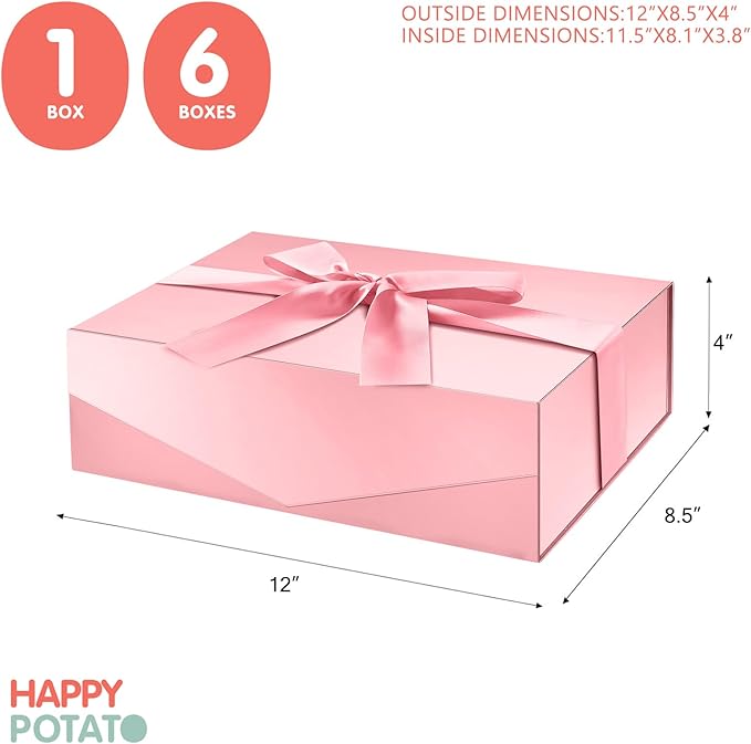 HAPPY POTATO Large Gift Box with Lid and Ribbon 11.5x8.1x3.8 Inches, Bridesmaid Proposal Box, Magnetic Pink Gift Box for Presents (Glossy Pink)