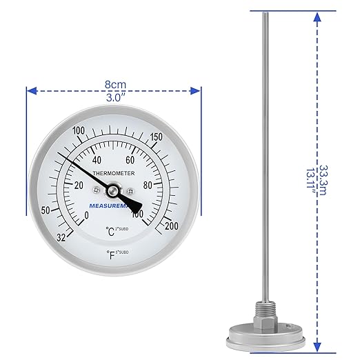 MEASUREMAN Hot Water Bi-Metal Thermometer, 3" Dial, 12" Lead-Free Brass Stem, 32-212°F/0-100°C Range, 2% Accuracy, 1/2" NPT Mount