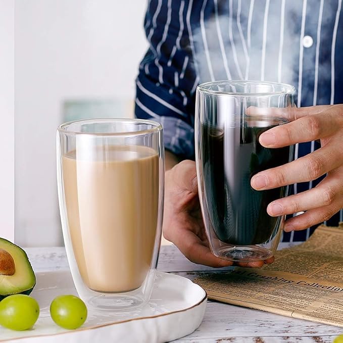 17oz Double Wall Glass Coffee Mugs Set of 2, Insulated Coffee Mug, Clear Borosilicate Glass Coffee Cups for Cappuccino, Tea, Lightweight and Microwave Safe