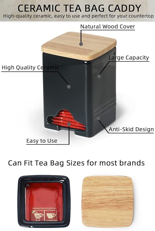Ceramic Tea Bag Storage Organizer Caddy Holder with Lid (Navy)