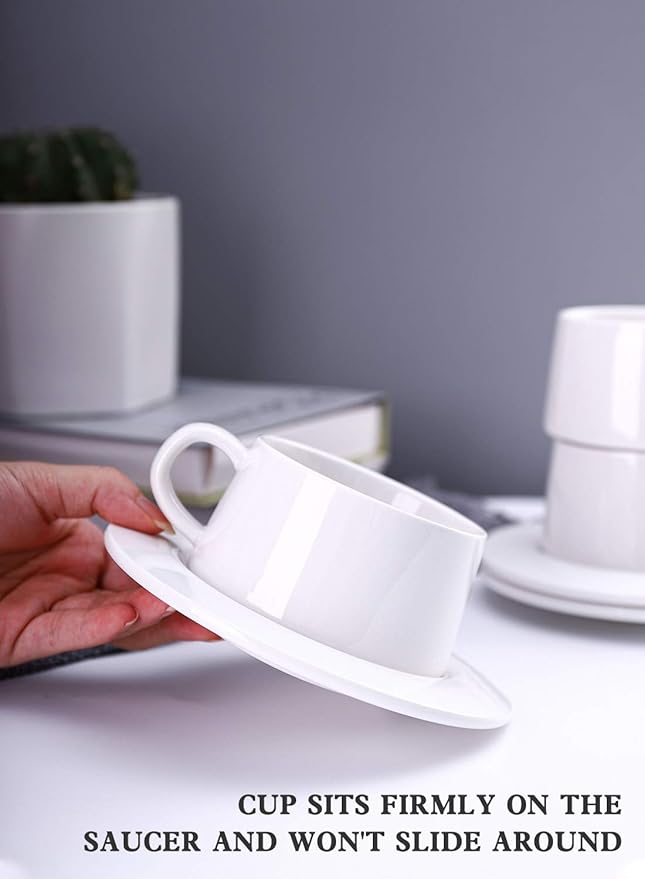 Kanwone Porcelain Stackable Cappuccino Cups with Saucers - 8 Ounce for Specialty Coffee Drinks, Cappuccino, Latte, Americano and Tea - Set of 4, White