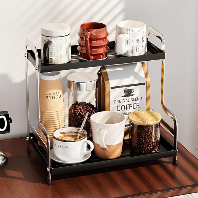 KISKIS Coffee Mug Cup Holder Space Saving 2-Tier Sturdy Stable Metal Storage Shelf, Prevent Falling Scratch Resistant Kitchen Rack Office Bathroom Desktop Organizer,Black+sliver