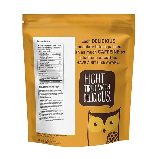 AWAKE - Caffeinated Chocolate Bites - Peanut Butter Milk Chocolate, 50 Bites - 50mg Caffeine - Wrapped Energy Bites - Coffee Alternative - Fairtrade, Gluten Free, Non GMO - 0.48oz