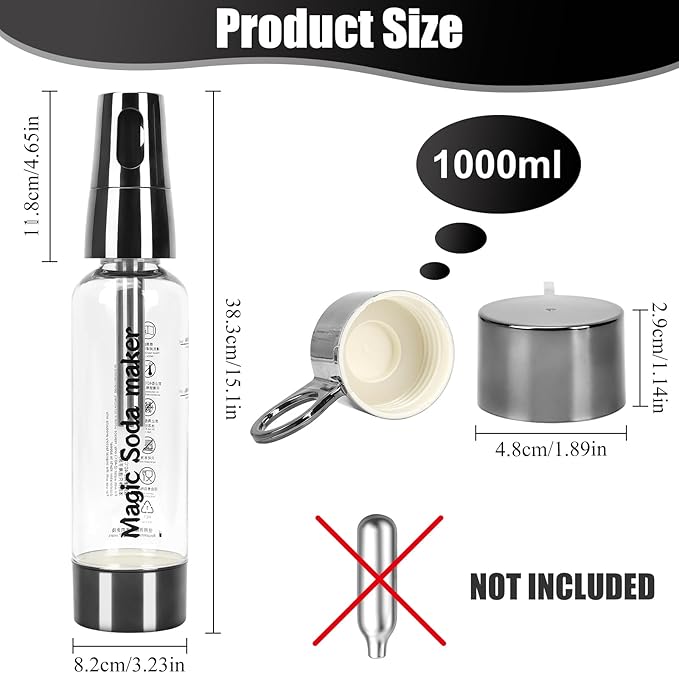 Portable Soda Siphon, 1L Travel Sparkling Water Maker Machine for Home & Outdoor, Carbonated Water Soda Streaming Machine, Soda Maker for Cocktails or Fizzy Drink, 8 gram CO2 Cartridges(Not Included)