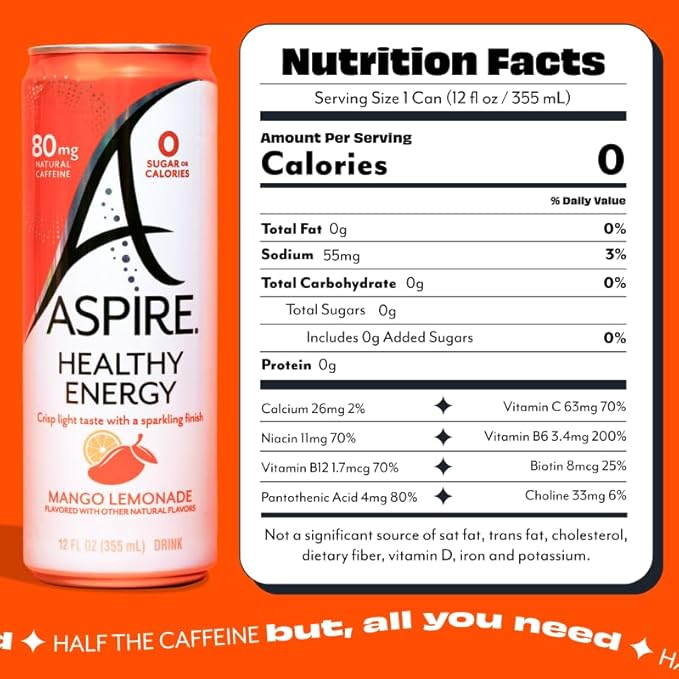 ASPIRE® Mango Lemonade, Healthy Energy Drink 80mg Natural Caffeine, Zero Sugar No Carbs Keto Friendly, 12 Pack Green Tea Sugar Free Drink Low Caffeine Zero Calorie