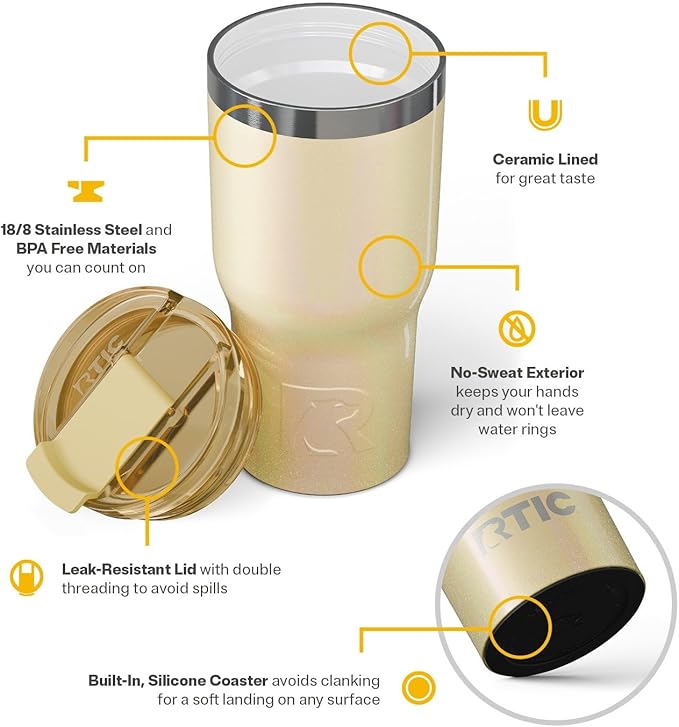 RTIC 20oz Essential Tumbler with Lid, Insulated, Stainless Steel, Metal, Double Wall Vacuum-Insulation, Ceramic Lined, Travel Cup for Iced Coffee, Tea, Hot and Cold Drink, Sunlight Glitter