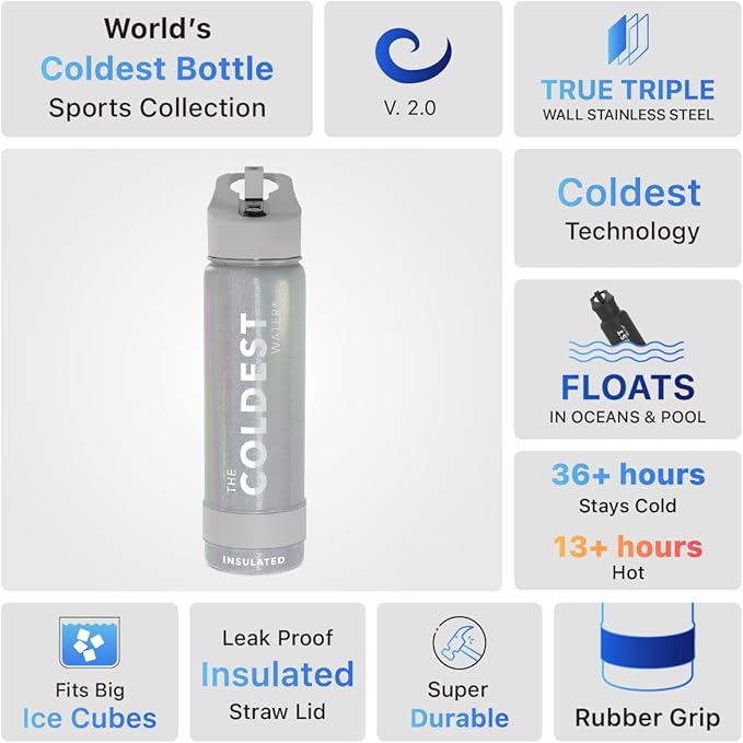 Coldest Insulated Water Bottle with Straw Lid - Stainless Steel Metal Insulated Bottle for Men & Women (Supernova Silver Glitter, 24 oz)