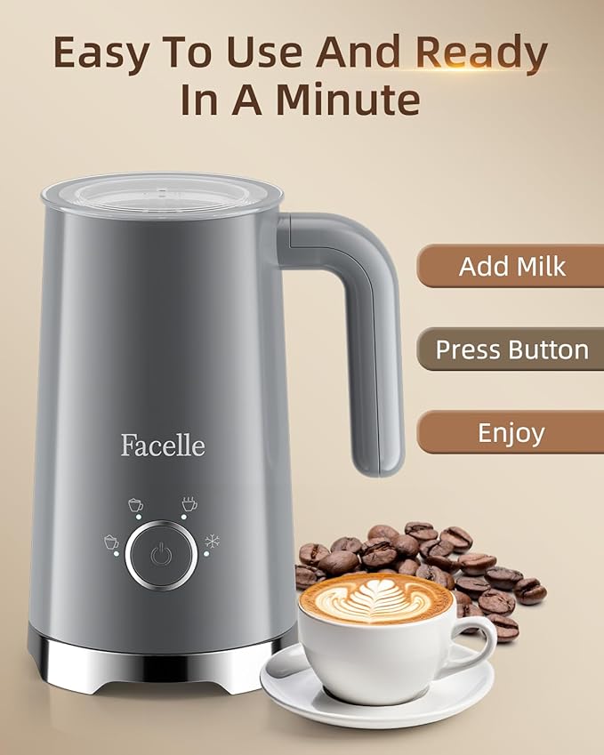 Facelle Milk Frother, 4-in-1 Electric Milk Steamer and Frother, 10oz/300ml Automatic Hot & Cold Foam Maker and Milk Warmer with Auto Shut-Off, for Latte, Cappuccino, Macchiato, Hot Chocolate - Grey