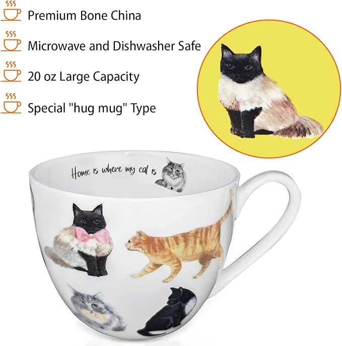 Cute Cat Mugs for Daily Coffee and Tea, Premium 20 oz Bone China Coffee Tea Hug Mug, Perfect Holiday and Birthday Gift for Cat Lovers, Designed in England by Harvest Green Studio