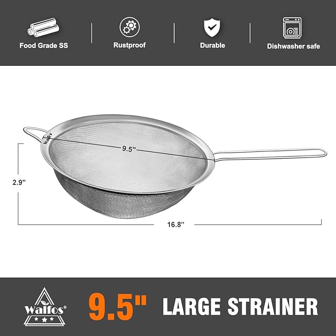 Walfos 9.5 Inch Large Fine Mesh Strainer, Stainless Steel 30 Mesh Sieve with Sturdy Handle, Kitchen Food Strainers Sifters for Rice, Quinoa, Pasta, Fruits, Vegetables, etc.