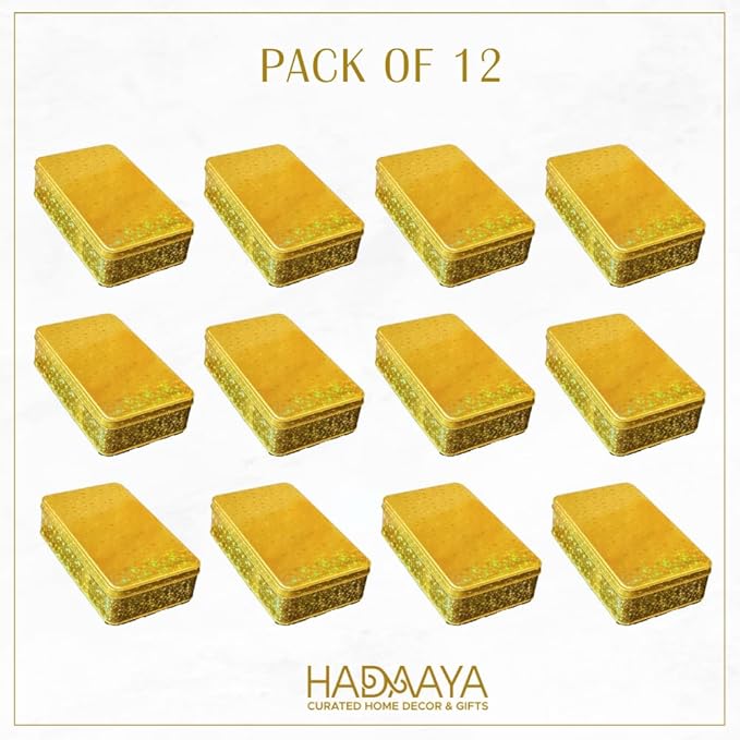 Pack of 12 Glittering Gold Rectangular Tin Container With Lid, Multipurpose Tin Box, Festive Tin Box for Gift Giving, Cookies, Stationery & More - 7.25 x 5.25 x 2.25 Inches