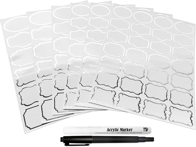 Kitchen Pantry Food Containers Clear Labels with Silver Border, 138 Waterproof Removable Write-on Sticker Labels Tags to Organize Spice Jars Condiment Flour Sugar Canisters Storage Bins,Free 2 Markers