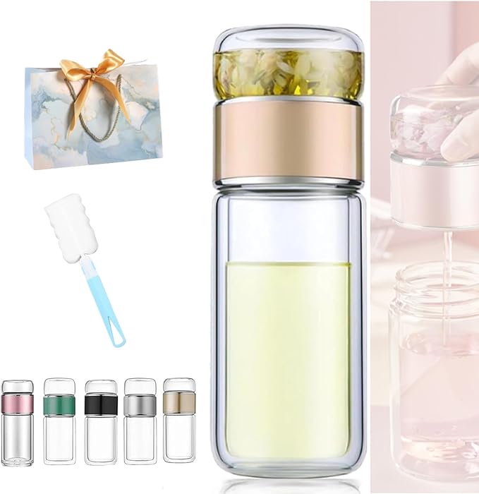 Tryteava Glass Infuser, Tryteava 3-in-1 Smart Tea Infuser, Portable Glass Double Wall Tea Infusers Bottle, with Stainless Steel Filter, Hot & Cold Brew, For Loose Leaf, Office Home (Gold, 420ml)