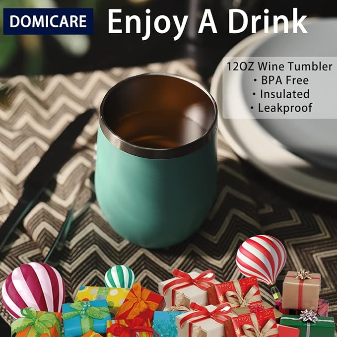 DOMICARE Stainless Steel Wine Tumbler Bulk with Lid, Personalized Insulated Tumblers Set, 12oz Travel Coffee Cups Pack of 4, Light Blue