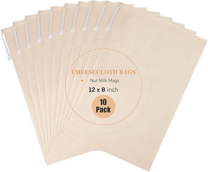 10 Pack Nut Milk Bag, 8‘’ x 12‘’ Fine Mesh Grade Reusable Cheesecloth Bags Strainers, Unbleached Organic Cotton Filter Bags for Almond Milk, Juices, ColdBrew, Cheese, Tea, Yogurt, Coffee