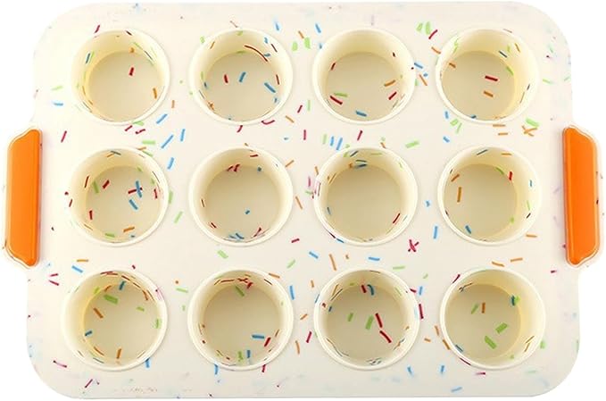 Silicone Muffin Pan,12 Cups Muffin Baking Pan with Handle Reusable Cupcake Baking Pan for Roasting Homemade Muffins, Cupcakes and Egg Bites(COLOR:Beige)
